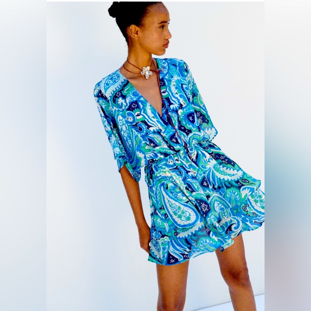 ZARA beautiful satiny, paisley azure blue dress perfect for Spring🔥🔥🔥